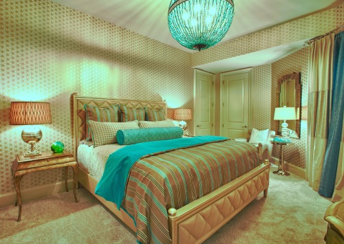 The turquoise Chandelier left subtle shadows that radiated out in a sunburst pattern. This is not always a desired effect--to reduce shadows made by your lamp harp or chandelier, try using frosted bulbs, versus clear.